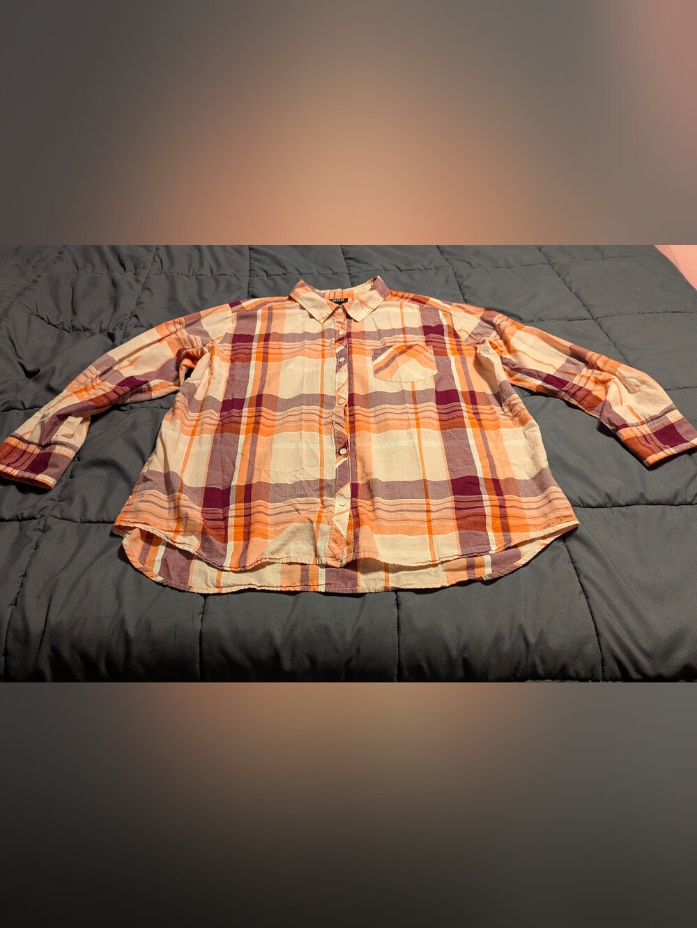 a.n.a Orange, Peach & Burgundy Plaid Button-Down Light Weight Shirt Size XL